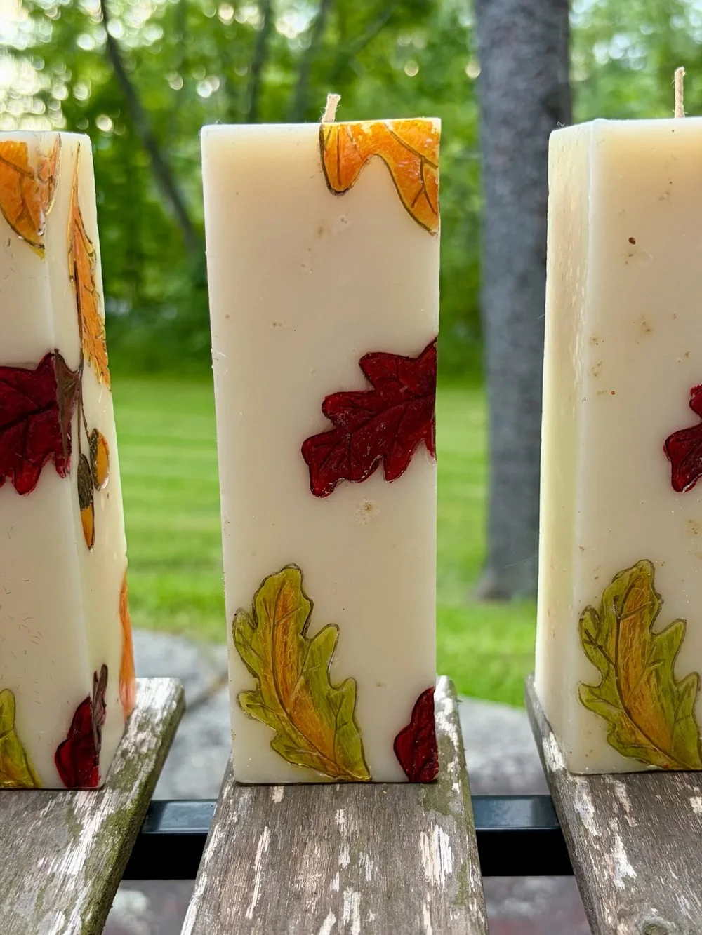 3 Handcrafted Autumn Acorn Pillar Candle - Cream and Orange. Bill Blass